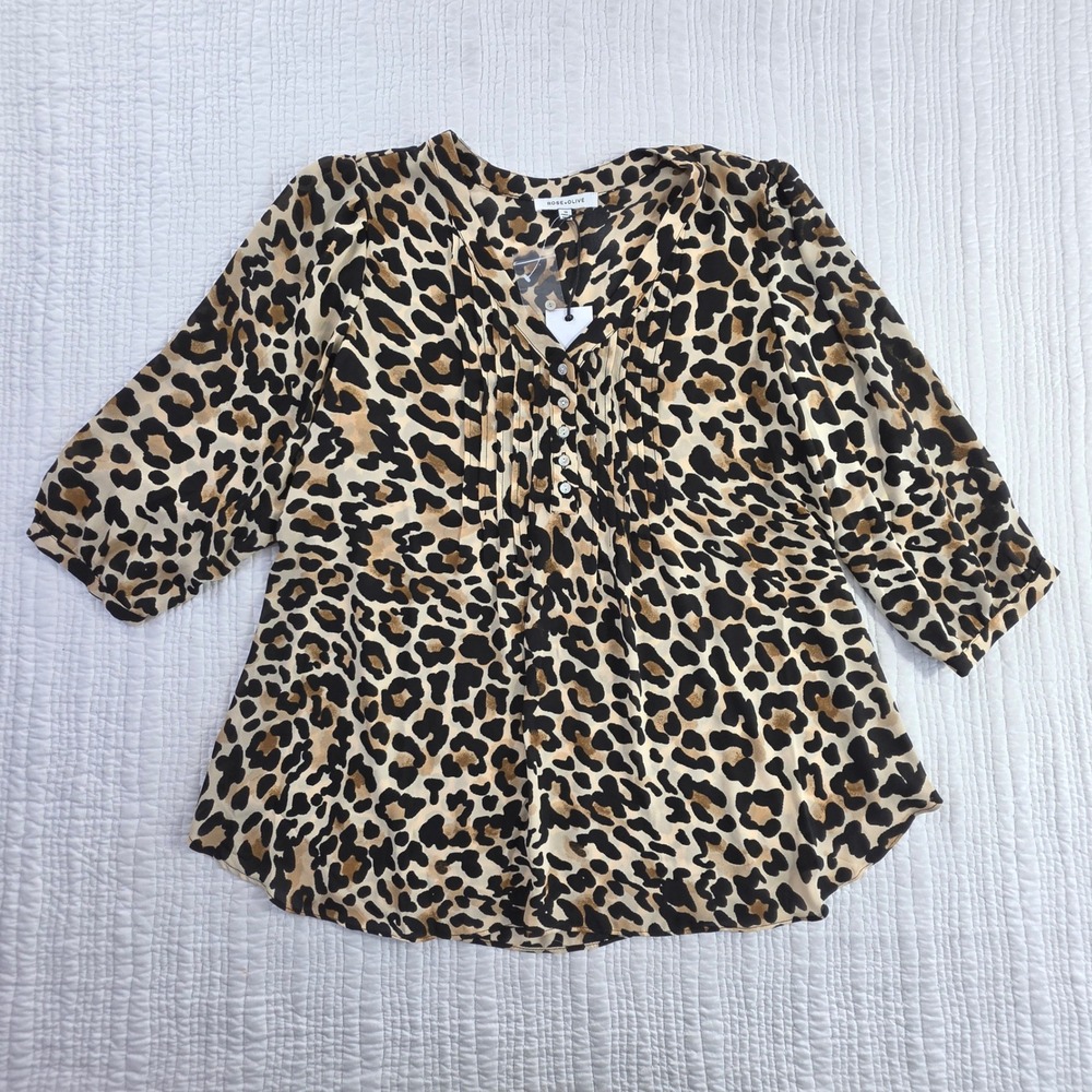 Rose + Olive Leopard Print Pintuck V-Neck Blouse 3/4 Sleeve Tan Black NWT 1X Top